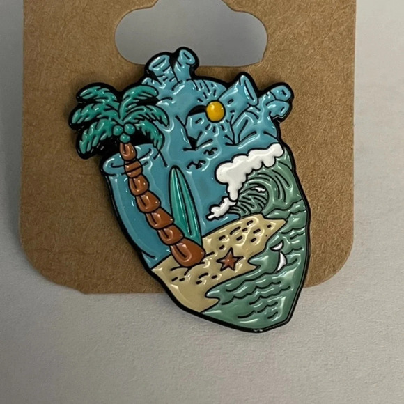$5 Bundled - Heart Beach Surfing  Palm Tree Enamel Pin - Picture 1 of 1